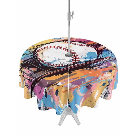 Outdoor Tablecloth with Umbrella Hole, Baseball Sports, Spillproof Waterproof Outdoor Table Cover, Minimalist Geometric Smear Art Patio Tablecloths for Party/Garden/Picnic, Round 60 inch