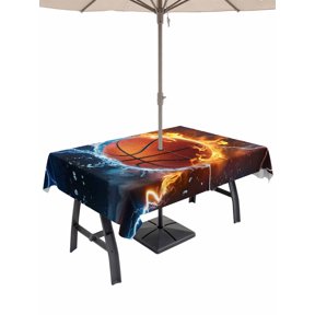 Outdoor Tablecloth with Umbrella Hole, Basketball Sports Ice and Fire Zippered Table Cloth for Rectangle Tables, Lightning Abstract Art Washable Waterproof Tablecloths for Picnic Patio Garden