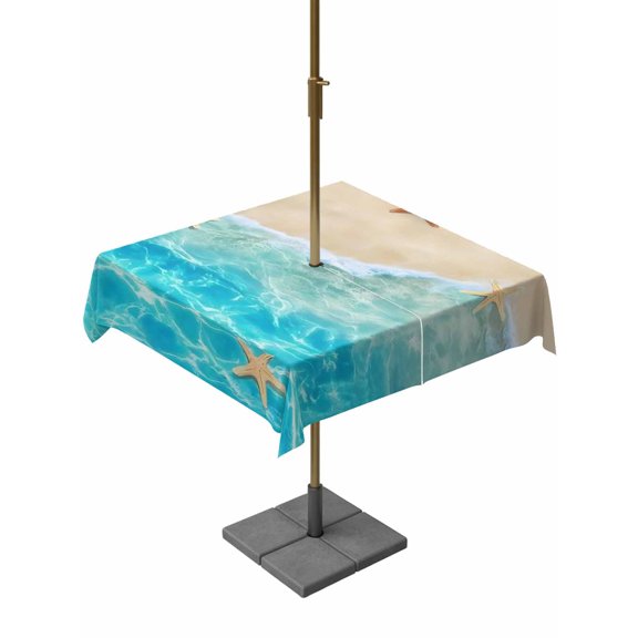 Outdoor Tablecloth with Umbrella Hole, Beach Starfish Shell Sea Water Zippered Table Cloth for Rectangle Tables, Summer Seaside Theme Washable Waterproof Tablecloths for Picnic Patio Garden
