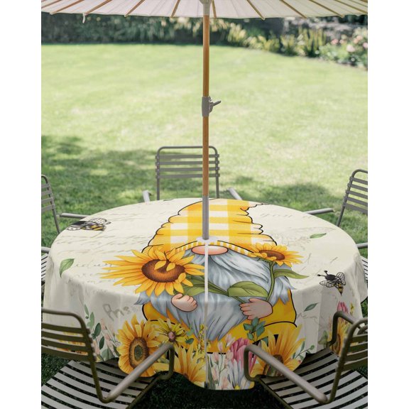 Outdoor Tablecloth with Umbrella Hole, Bee Gnome Summer Sunflower Watercolor Yellow Floral Zippered Table Cloth for Square Tables, Retro Linen Washable Waterproof Tablecloths for Picnic Patio Garden