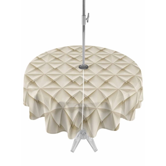 Outdoor Tablecloth with Umbrella Hole, Beige Geometric Spillproof Waterproof Outdoor Table Cover, Simplistic Chic Rustic Hexagon Pattern Patio Tablecloths for Party/Garden/Picnic, Round 54 inch