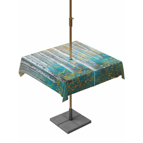 Outdoor Tablecloth with Umbrella Hole, Birch Tree Forest Retro Oil Painting Art Zippered Table Cloth for Rectangle Tables, Yellow Flowers Teal Washable Waterproof Tablecloths for Picnic Patio Garden