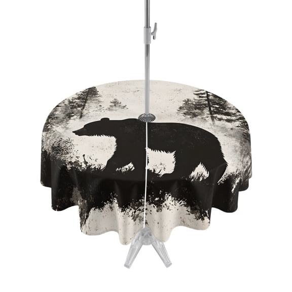 Outdoor Tablecloth with Umbrella Hole, Black Bear Spillproof Waterproof Outdoor Table Cover, Vintage Rustic Wildlife Forest Woodland Patio Tablecloths for Party/Garden/Picnic, Round 54 inch
