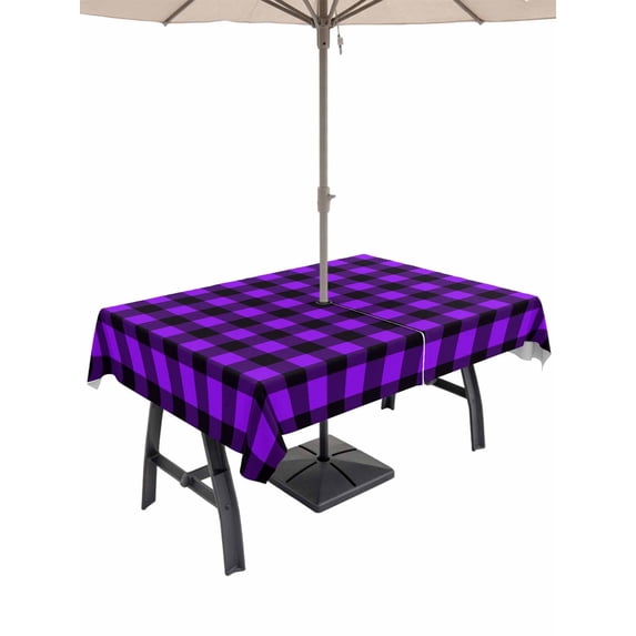 Outdoor Tablecloth with Umbrella Hole, Black Purple Plaid Spillproof Waterproof Outdoor Table Cover, Farmhouse Simple Buffalo Checked Patio Tablecloths for Party Picnic Camping, Rectangle 52"x70"