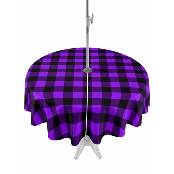 Outdoor Tablecloth with Umbrella Hole, Black Purple Plaid Spillproof Waterproof Outdoor Table Cover, Farmhouse Simple Buffalo Checked Patio Tablecloths for Party/Garden/Picnic, Round 54 inch