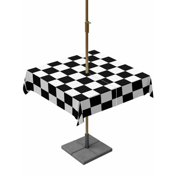 Outdoor Tablecloth with Umbrella Hole, Black and White Buffalo Plaid Zippered Table Cloth for Rectangle Tables, Minimalist Checker Art Washable Waterproof Tablecloths for Picnic Patio Garden