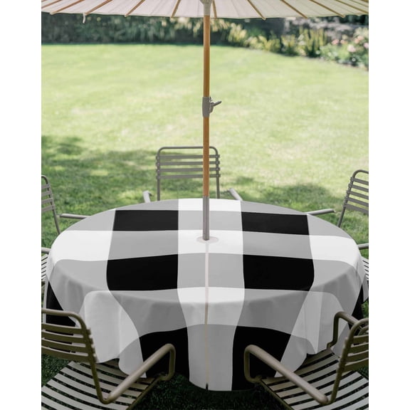 Outdoor Tablecloth with Umbrella Hole, Black White Buffalo Plaid Zippered Table Cloth for Square Tables, Checkered Gingham Geometric Washable Waterproof Tablecloths for Picnic Patio Garden