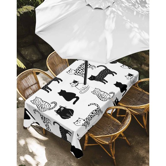 Outdoor Tablecloth with Umbrella Hole, Black White Cats Zippered Table Cloth for Rectangle Tables, Cute Spotted Leopard Print Kitty Washable Waterproof Tablecloths for Picnic Patio Garden