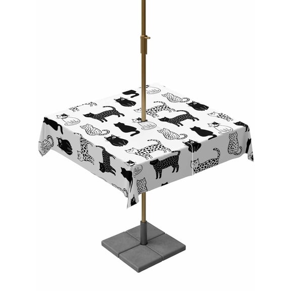 Outdoor Tablecloth with Umbrella Hole, Black White Cats Zippered Table Cloth for Rectangle Tables, Cute Spotted Leopard Print Kitty Washable Waterproof Tablecloths for Picnic Patio Garden