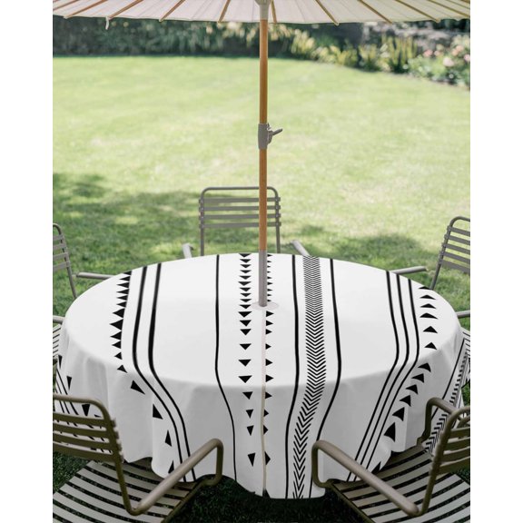 Outdoor Tablecloth with Umbrella Hole, Black White Stripes Triangles Boho Style Zippered Table Cloth for Square Tables, Geometric Abstract Art Washable Waterproof Tablecloths for Picnic Patio Garden