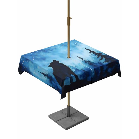 Outdoor Tablecloth with Umbrella Hole, Black Wolf Night Spillproof Waterproof Outdoor Table Cover, Abstract Forest Silhouette Starry Patio Tablecloths for Party/Garden/Picnic, Square 54"x54"