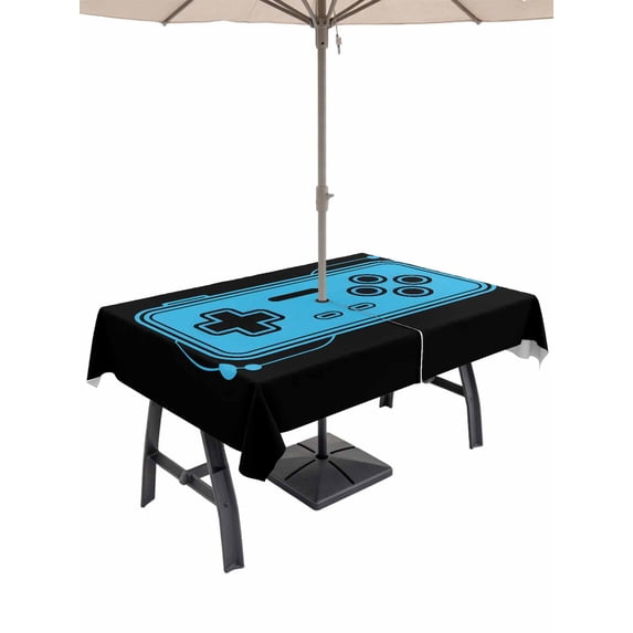 Outdoor Tablecloth with Umbrella Hole, Blue Game Handle Spillproof Waterproof Outdoor Table Cover, Video Gamer Console Earphones Black Patio Tablecloths for Party Picnic Camping, Rectangle 60"x84"