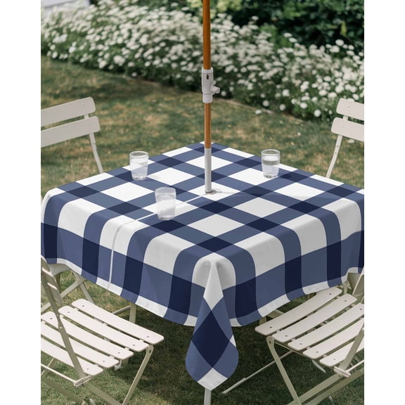 Outdoor Tablecloth with Umbrella Hole, Blue Gingham Check Farm Style Zippered Table Cloth for Rectangle Tables, White Check Plaid Washable Waterproof Tablecloths for Picnic Patio Garden