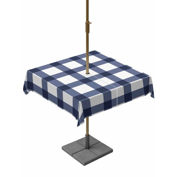 Outdoor Tablecloth with Umbrella Hole, Blue Gingham Check Farm Style Zippered Table Cloth for Rectangle Tables, White Check Plaid Washable Waterproof Tablecloths for Picnic Patio Garden