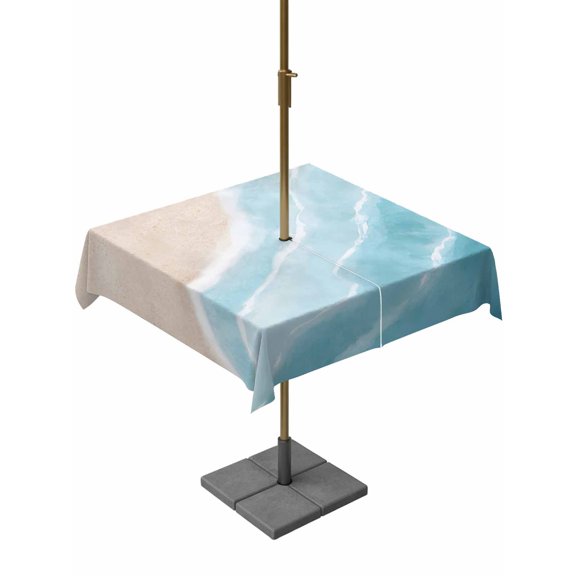 Outdoor Tablecloth with Umbrella Hole, Blue Gradient Ocean Sea Wave Zippered Table Cloth for Rectangle Tables, Summer Beach Theme Washable Waterproof Tablecloths for Picnic Patio Garden