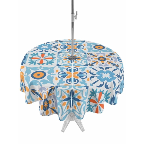 Outdoor Tablecloth with Umbrella Hole, Blue Mediterranean Spillproof Waterproof Outdoor Table Cover, Vintage Moroccan Tiles Texture Patio Tablecloths for Party/Garden/Picnic, Round 54 inch