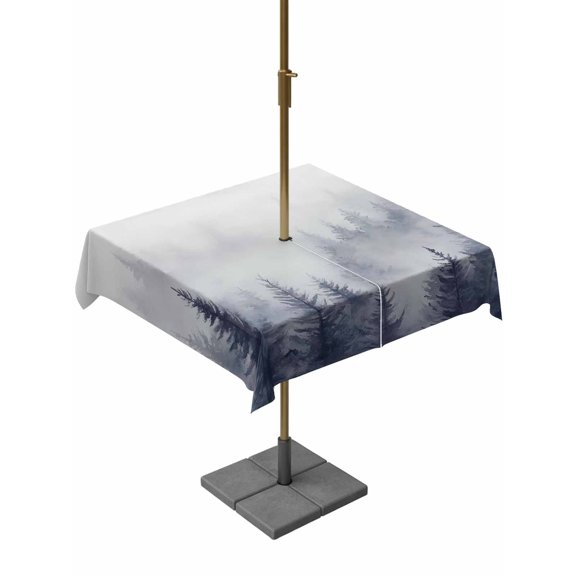 Outdoor Tablecloth with Umbrella Hole, Blue Mist Forest Spillproof Waterproof Outdoor Table Cover, Pine Larch Trees Natural Landscape Patio Tablecloths for Party/Garden/Picnic, Square 54"x54"