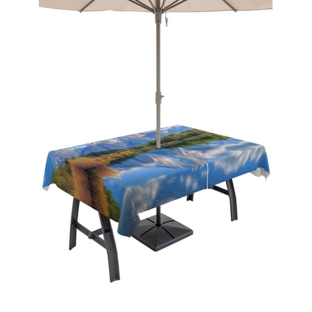 Outdoor Tablecloth with Umbrella Hole, Blue Mountain Spillproof Waterproof Outdoor Table Cover, Modern Art Green Forest Lake Patio Tablecloths for Party Picnic Camping, Rectangle 52"x70"