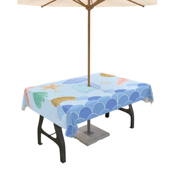 Outdoor Tablecloth with Umbrella Hole,Blue Ocean Conch Shell Starfish Spillproof Waterproof Table Cloth Zippered Table Covers,Gradient Fish Scale Sketch Sea Life Washable Tablecloths for Picnic/Patio