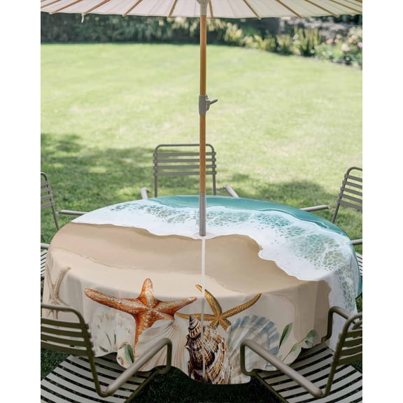 Outdoor Tablecloth with Umbrella Hole, Blue Ocean Summer Beach Shells Starfish Zippered Table Cloth for Square Tables, Coastal Nautical Theme Washable Waterproof Tablecloths for Picnic Patio Garden