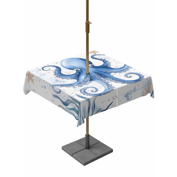 Outdoor Tablecloth with Umbrella Hole, Blue Octopus Ocean Starfish Zippered Table Cloth for Rectangle Tables, Sea Monster Ocean Seaweed Washable Waterproof Tablecloths for Picnic Patio Garden