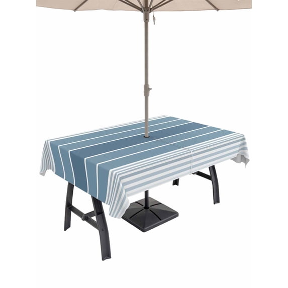 Outdoor Tablecloth with Umbrella Hole, Blue Ombre Stripe Spillproof Waterproof Outdoor Table Cover, Farmhouse Striped Gradient Patio Tablecloths for Party Picnic Camping, Rectangle 52"x70"