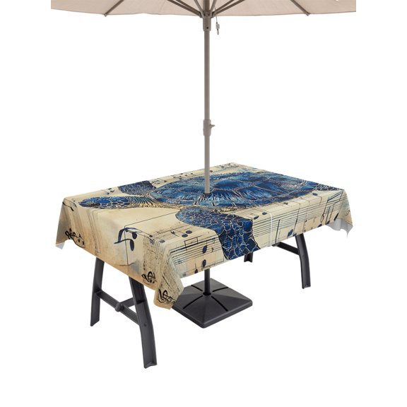 Outdoor Tablecloth with Umbrella Hole, Blue Sea Turtle Spillproof Waterproof Outdoor Table Cover, Vintage Coastal Sheet Music Patio Tablecloths for Party Picnic Camping, Rectangle 60"x120"