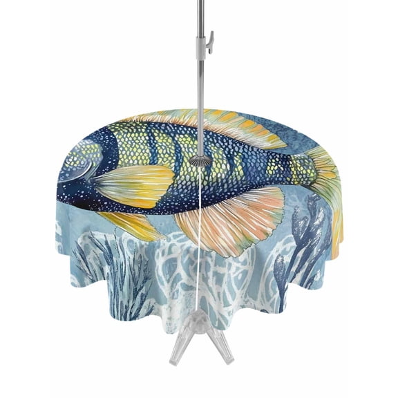 Outdoor Tablecloth with Umbrella Hole, Blue Yellow Fish Spillproof Waterproof Outdoor Table Cover, Summer Ocean Watercolor Coral Patio Tablecloths for Party/Garden/Picnic, Round 54 inch