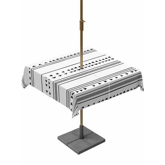 Outdoor Tablecloth with Umbrella Hole, Bohemian Ethnic Triangle Plaid Stripes Zippered Table Cloth for Rectangle Tables, Black Arrow Lines Washable Waterproof Tablecloths for Picnic Patio Garden
