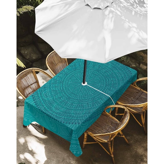 Outdoor Tablecloth with Umbrella Hole, Bohemian Flower on Teal Green Zippered Table Cloth for Rectangle Tables, Boho Chic Blossom Floral Washable Waterproof Tablecloths for Picnic Patio Garden
