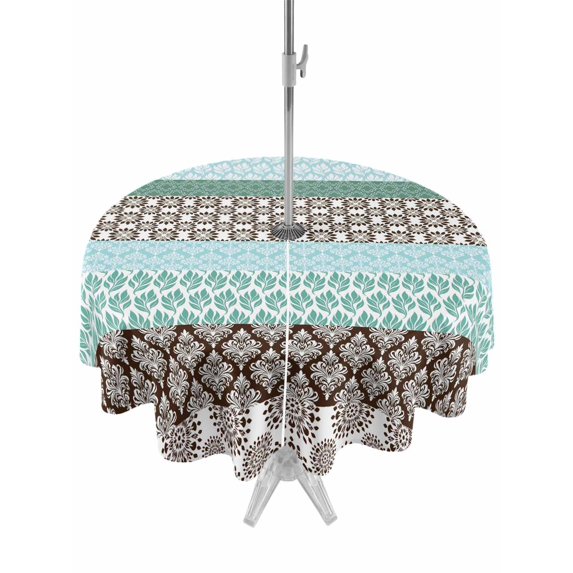 Outdoor Tablecloth with Umbrella Hole, Boho Geometric Spillproof Waterproof Outdoor Table Cover, Turquoise Green Brown Tribal Stripes Patio Tablecloths for Party/Garden/Picnic, Round 54 inch