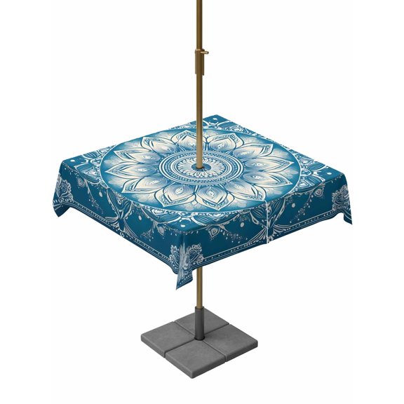 Outdoor Tablecloth with Umbrella Hole, Boho Retro Tribal Blue Floral Zippered Table Cloth for Rectangle Tables, Abstract Ethnic Theme Washable Waterproof Tablecloths for Picnic Patio Garden