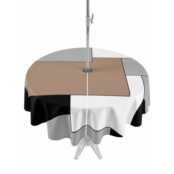 Outdoor Tablecloth with Umbrella Hole, Brown Black Grey Spillproof Waterproof Outdoor Table Cover, Middle Century Irregular Geo Abstract Art Patio Tablecloths for Party/Garden/Picnic, Round 54 inch