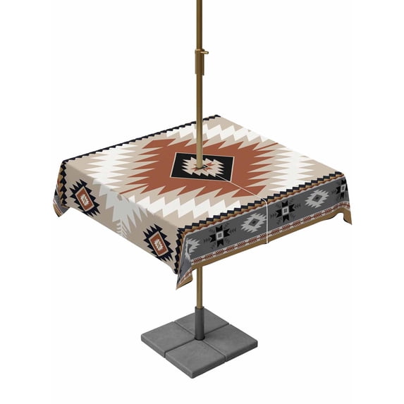 Outdoor Tablecloth with Umbrella Hole, Brown Gray Boho Spillproof Waterproof Outdoor Table Cover, Southwestern Ethnic Abstract Geometric Patio Tablecloths for Party/Garden/Picnic, Square 54"x54"