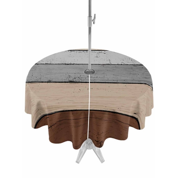 Outdoor Tablecloth with Umbrella Hole, Brown Grey Spillproof Waterproof Outdoor Table Cover, Vintage Stripe Farmhouse Wood Grain Ombre Patio Tablecloths for Party/Garden/Picnic, Round 54 inch