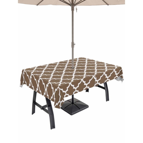Outdoor Tablecloth with Umbrella Hole, Brown Moroccon Spillproof Waterproof Outdoor Table Cover, Retro Country Minimalist Abstract Motifs Patio Tablecloths for Party Picnic Camping, Rectangle 52"x70"