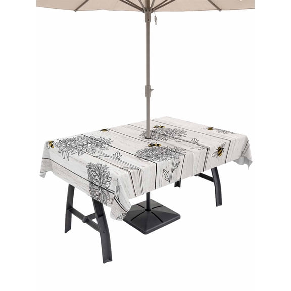 Outdoor Tablecloth with Umbrella Hole, Bumble Bee Flowers Waterproof Outdoor Table Cover, Farmhouse Animals Flowers Wooden Grain Patio Tablecloths for Party Picnic Camping, Rectangle 52"x70"