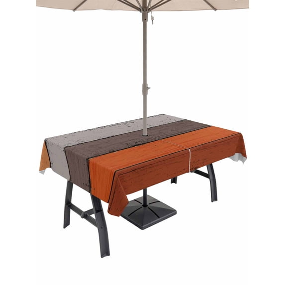 Outdoor Tablecloth with Umbrella Hole, Burnt Orange Grey Spillproof Waterproof Outdoor Table Cover, Vintage Stripe Farmhouse Wood Grain Patio Tablecloths for Party Picnic Camping, Rectangle 60"x120"