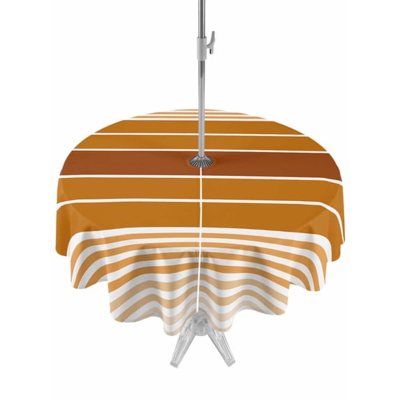 Outdoor Tablecloth with Umbrella Hole, Burnt Orange Ombre Stripe Spillproof Waterproof Outdoor Table Cover, Farmhouse Striped Gradient Patio Tablecloths for Party/Garden/Picnic, Round 60 inch