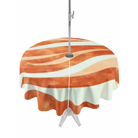Outdoor Tablecloth with Umbrella Hole, Burnt Orange Waves Spillproof Waterproof Outdoor Table Cover, Ombre Sea Ripples Shabby Beach Patio Tablecloths for Party/Garden/Picnic, Round 54 inch