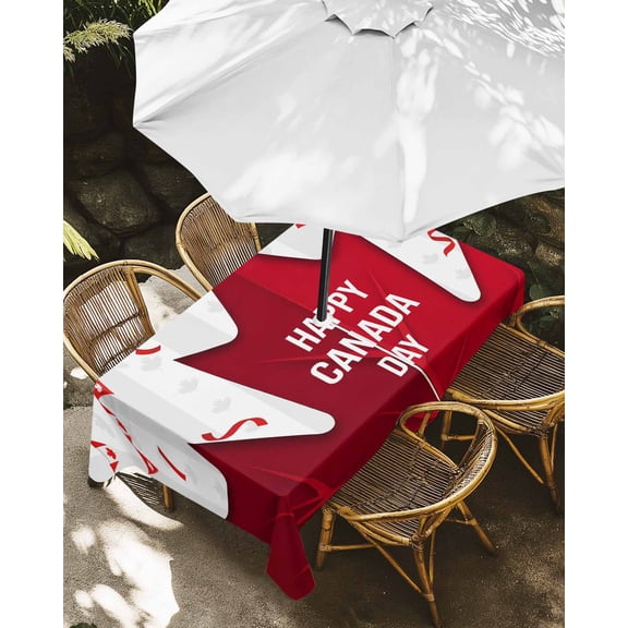 Outdoor Tablecloth with Umbrella Hole, Canadian National Day Zippered Table Cloth for Rectangle Tables, Red Maple Leaf Washable Waterproof Tablecloths for Picnic Patio Garden