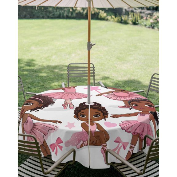 Outdoor Tablecloth with Umbrella Hole, Cartoon Children Ballet Dance Zippered Table Cloth for Square Tables, Pink Butterflies Ballet Shoes Washable Waterproof Tablecloths for Picnic Patio Garden