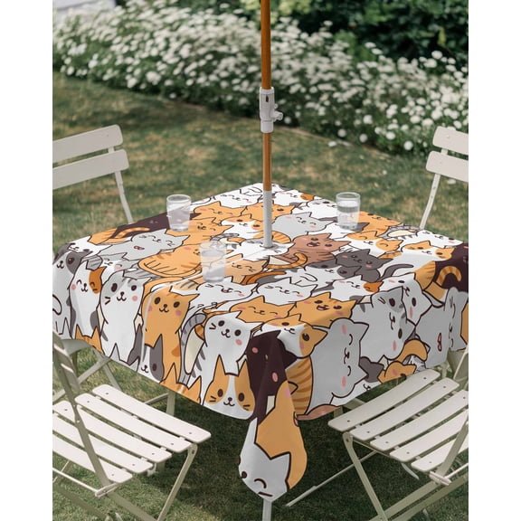 Outdoor Tablecloth with Umbrella Hole, Cartoon Cute Kitty Zippered Table Cloth for Rectangle Tables, Modern Funny Pet Cat Washable Waterproof Tablecloths for Picnic Patio Garden