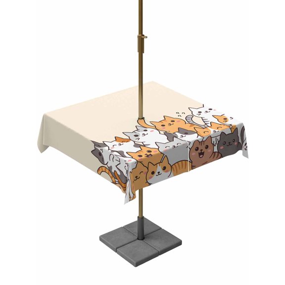 Outdoor Tablecloth with Umbrella Hole, Cartoon Pet Cat Zippered Table Cloth for Rectangle Tables, Funny Cute Kitty Washable Waterproof Tablecloths for Picnic Patio Garden