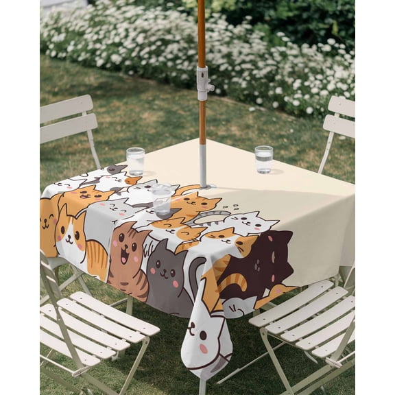 Outdoor Tablecloth with Umbrella Hole, Cartoon Pet Cat Zippered Table Cloth for Rectangle Tables, Funny Cute Kitty Washable Waterproof Tablecloths for Picnic Patio Garden