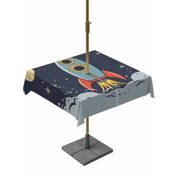 Outdoor Tablecloth with Umbrella Hole, Cartoon Space Rocket Launch Stars and Moon Zippered Table Cloth for Rectangle Tables, Outer Planet Washable Waterproof Tablecloths for Picnic Patio Garden