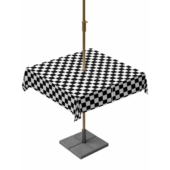 Outdoor Tablecloth with Umbrella Hole, Classic Black White Plaid Zippered Table Cloth for Rectangle Tables, Chess Board Theme Background Washable Waterproof Tablecloths for Picnic Patio Garden