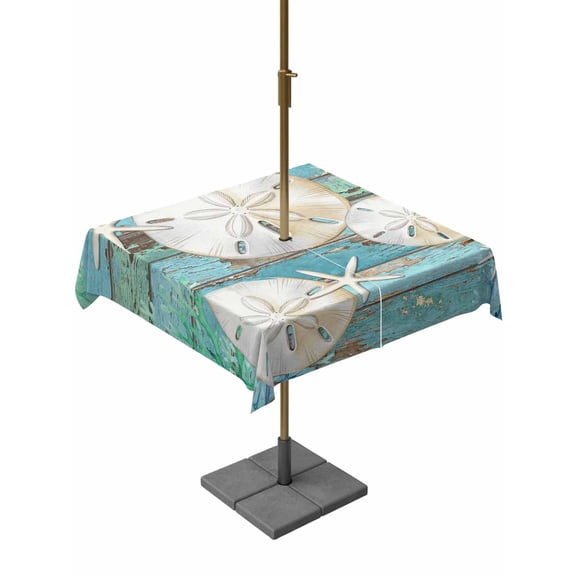 Outdoor Tablecloth with Umbrella Hole, Coastal Sand Dollar Spillproof Waterproof Outdoor Table Cover, Summer Beach Coral Teal Blue Wood Patio Tablecloths for Party/Garden/Picnic, Square 54"x54"