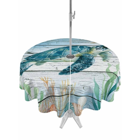 Outdoor Tablecloth with Umbrella Hole, Coastal Turtle Spillproof Waterproof Outdoor Table Cover, Nautical Ocean Shells Seaweeds Starfish Patio Tablecloths for Party/Garden/Picnic, Round 54 inch
