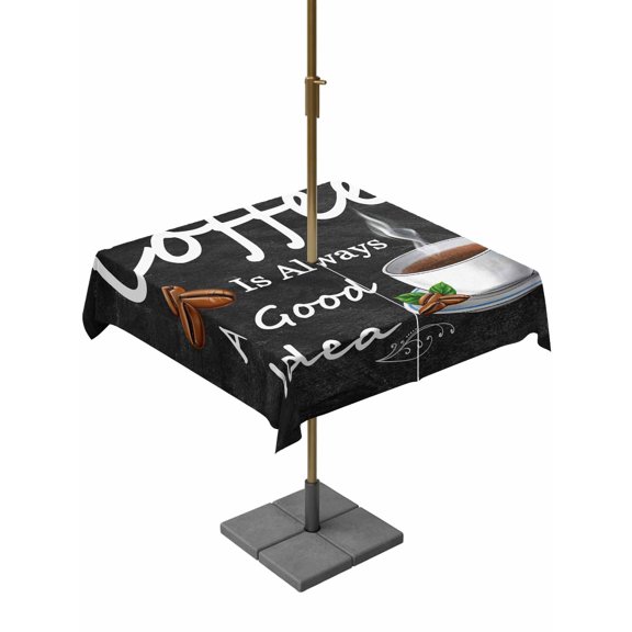 Outdoor Tablecloth with Umbrella Hole, Coffee Bean Cup Cafe Drink on Black Zippered Table Cloth for Rectangle Tables, Coffees Good Idea Quote Washable Waterproof Tablecloths for Picnic Patio Garden